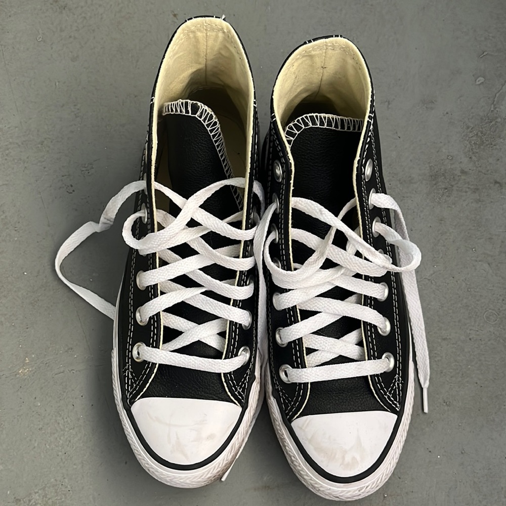 Black leather high top converse